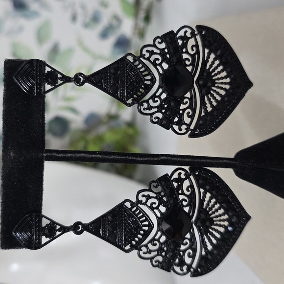 Statement Black Metal Filigree and Crystal Drop Earrings - Picture 3 of 10